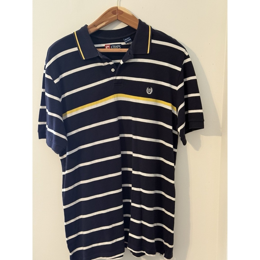 Chaps Men's Striped Polo Shirt Navy White Yellow XXL 100%Cotton Preppy Nautical